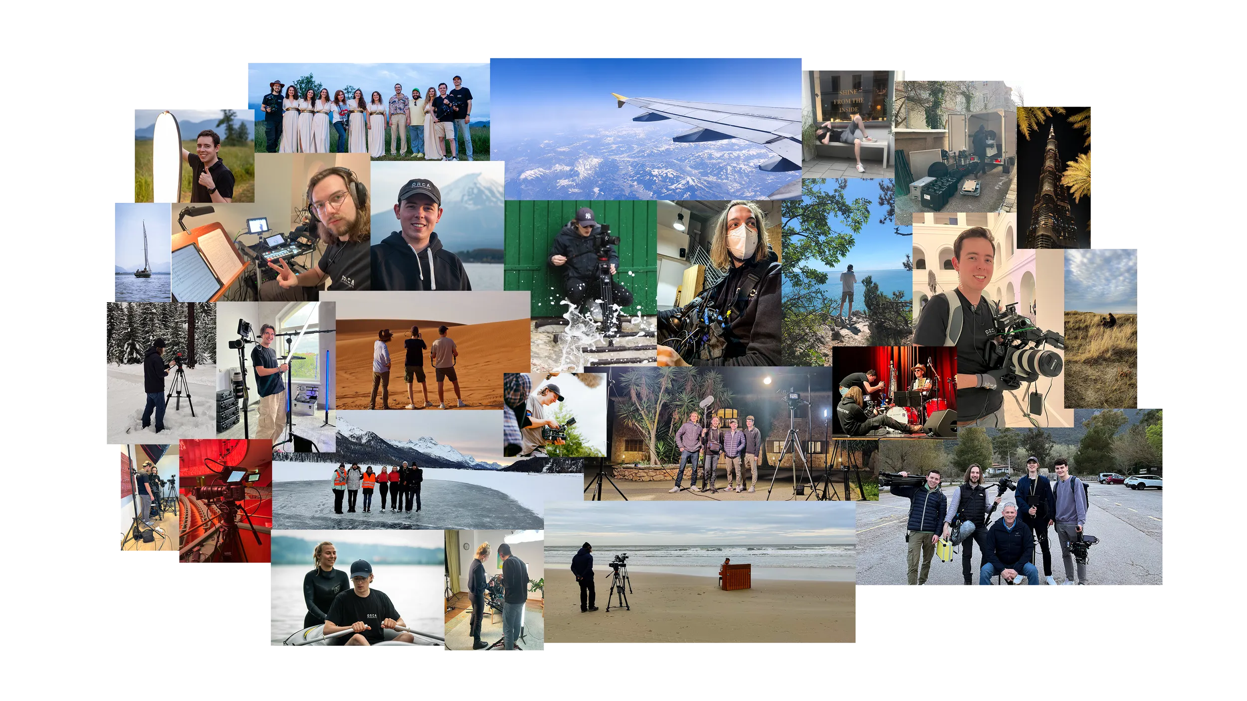 Collage aus Drehs und Teamreisen: Kamera- und Tonaufnahmen, Camping, Flug, Strand, Winter, Stadtbesichtigungen